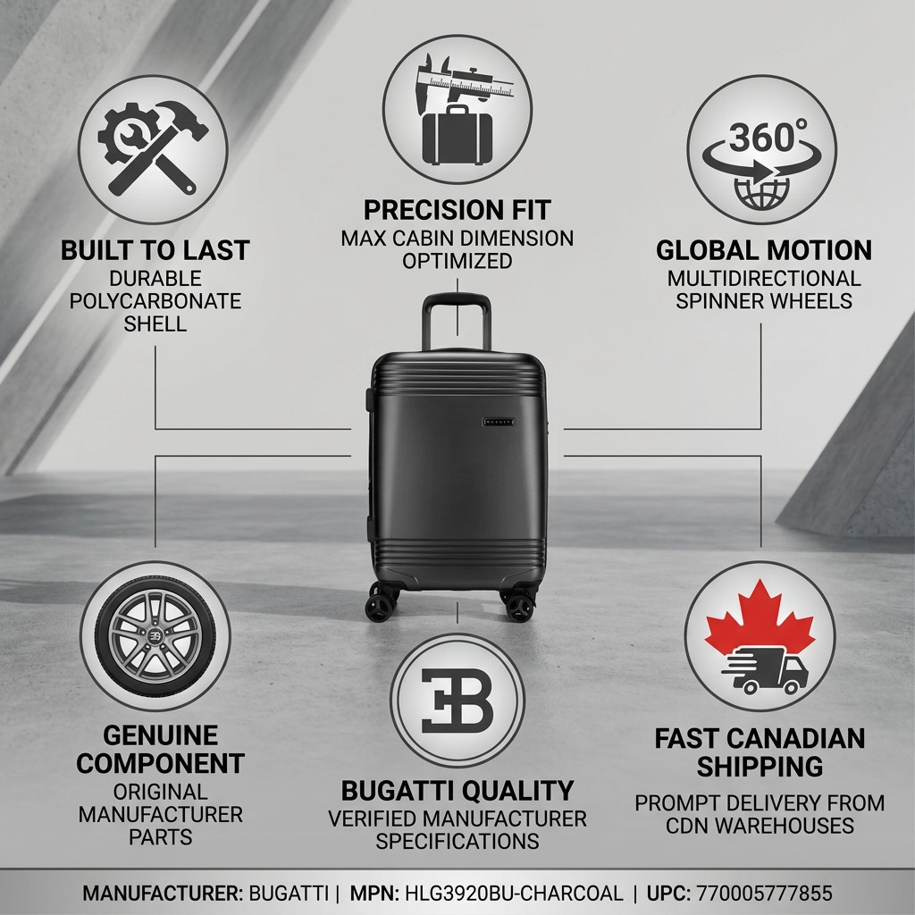 Bugatti Nashville Carry-on infographic showing durable shell, 360 wheels, and fast Canadian shipping.