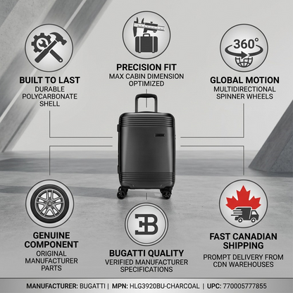Bugatti Nashville Carry-on infographic showing durable shell, 360 wheels, and fast Canadian shipping.