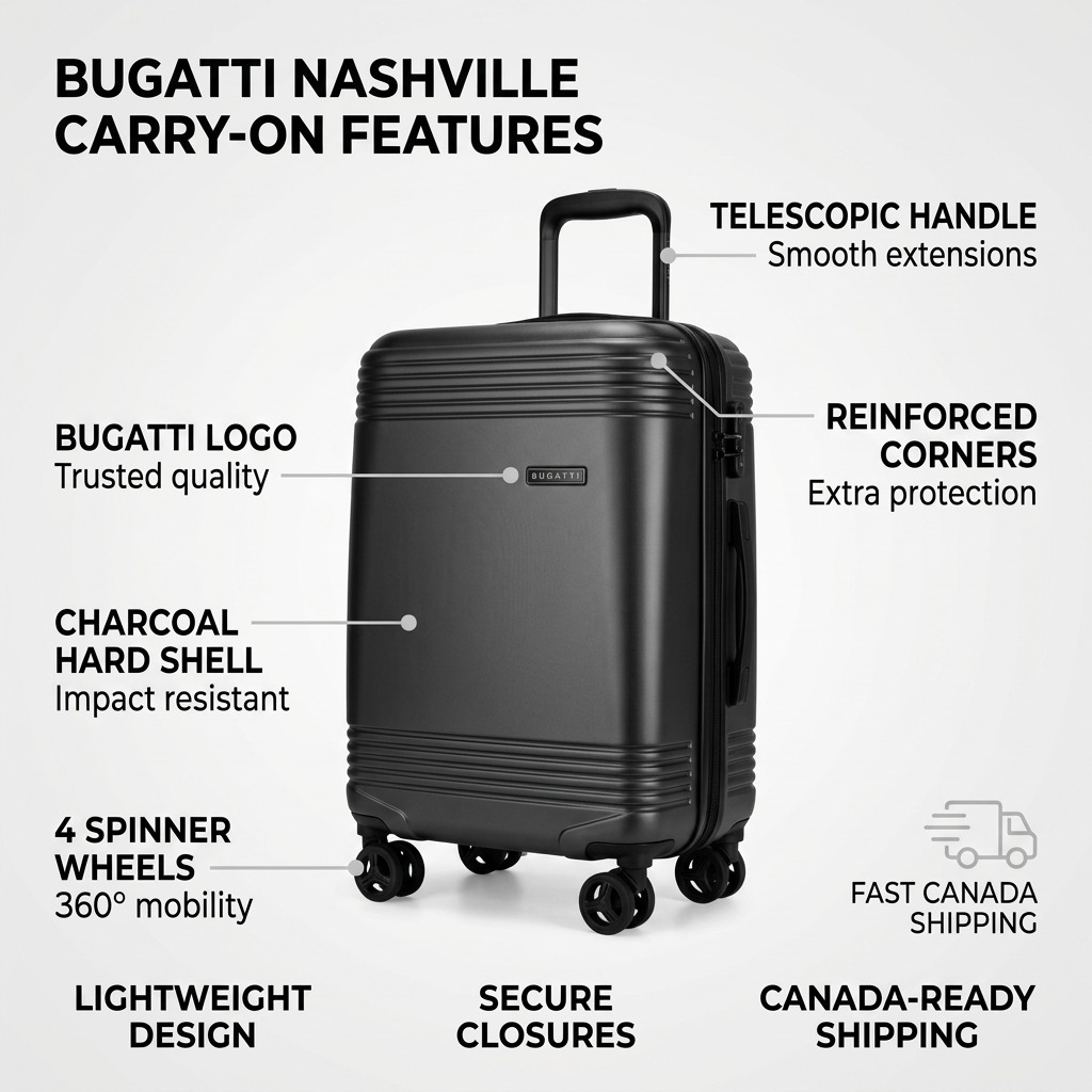 Bugatti Nashville charcoal carry-on features: telescopic handle, hard shell, and 4 spinner wheels.