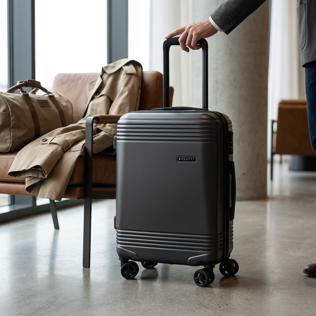 A traveler holding a charcoal Bugatti Nashville carry-on luggage in a modern lounge setting.