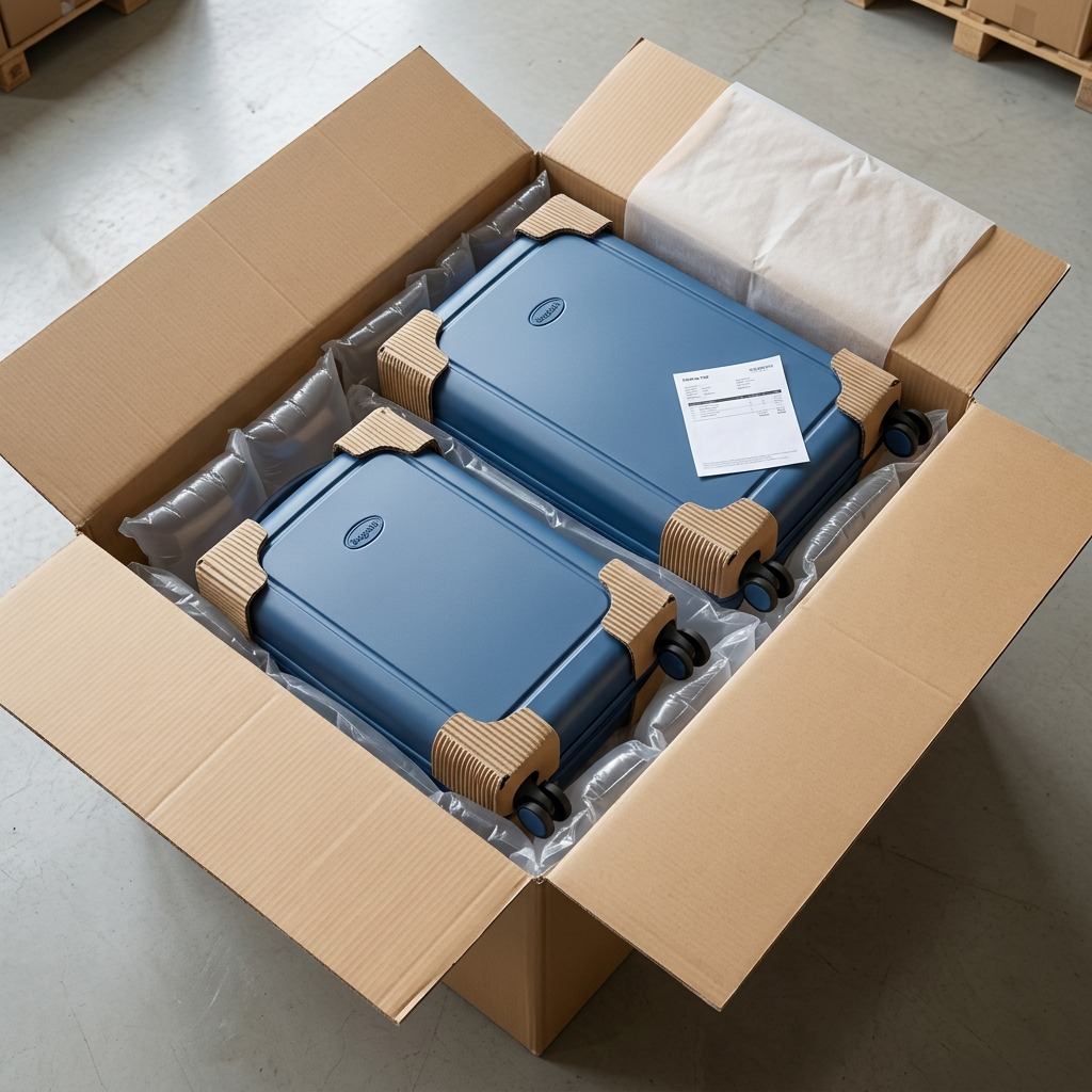 Bugatti blue 2-piece luggage set securely packed in a shipping box with protective air cushions.