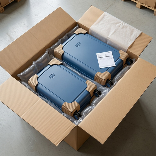 Bugatti blue 2-piece luggage set securely packed in a shipping box with protective air cushions.