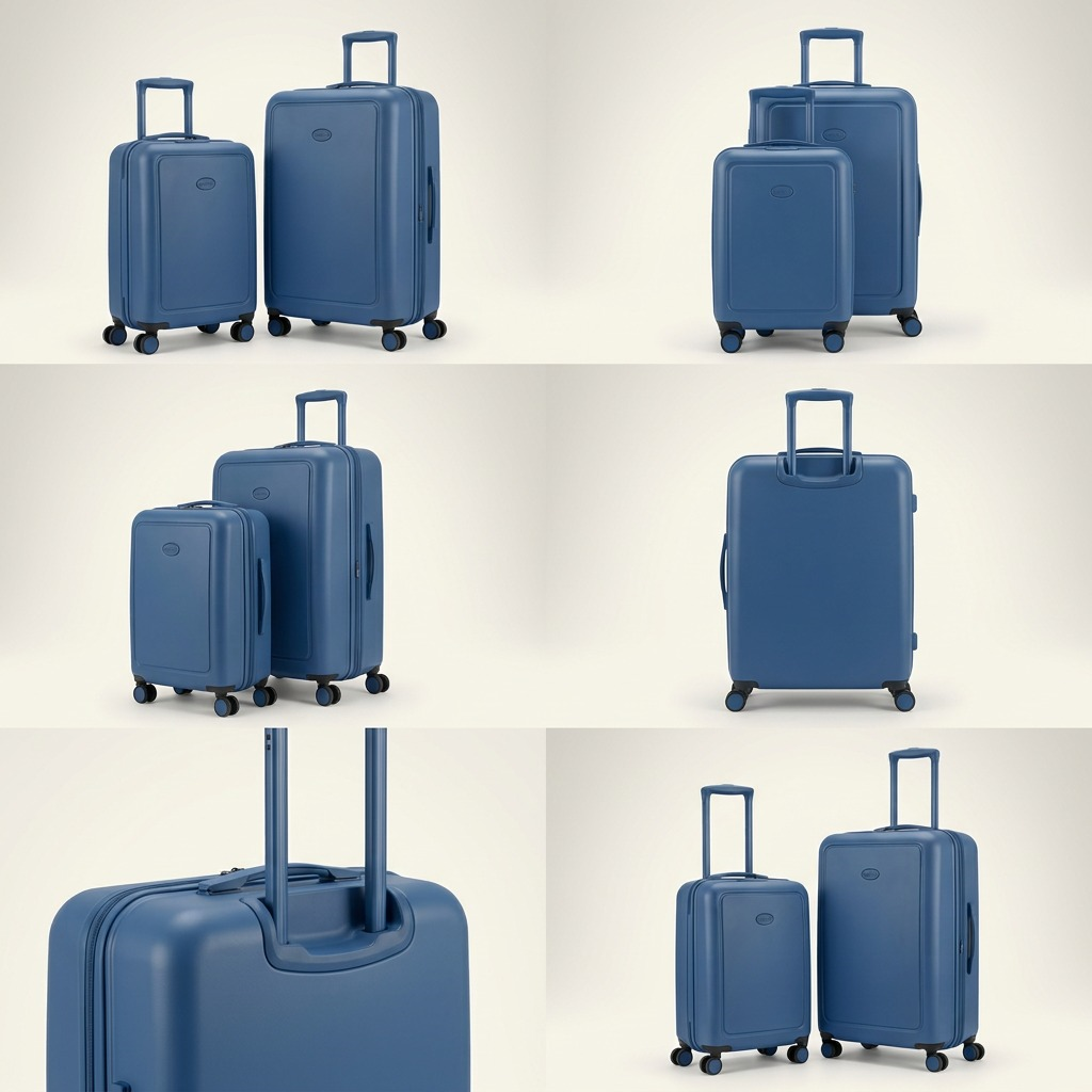 A 6-panel grid showing the Bugatti The Classic 2-Piece Hardside Luggage Set in blue from multiple angles.