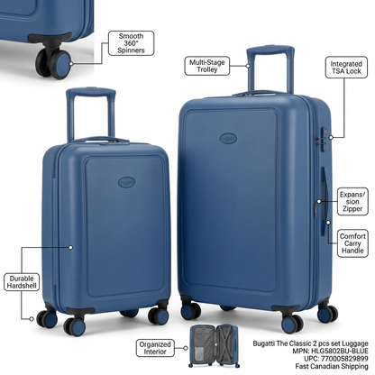 Bugatti blue 2-piece hardside luggage set featuring 360 spinners, TSA lock, and telescopic handles.