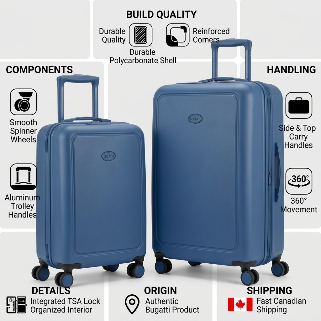 Infographic for Bugatti 2-piece blue hardside luggage set highlighting build quality and components.
