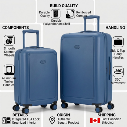 Infographic for Bugatti 2-piece blue hardside luggage set highlighting build quality and components.