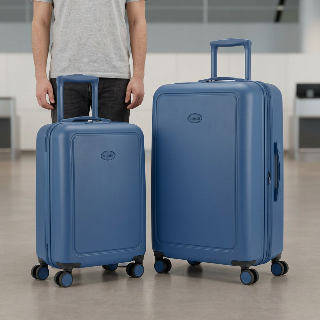 Blue Bugatti The Classic 2-piece hardside luggage set shown beside a person for scale reference.