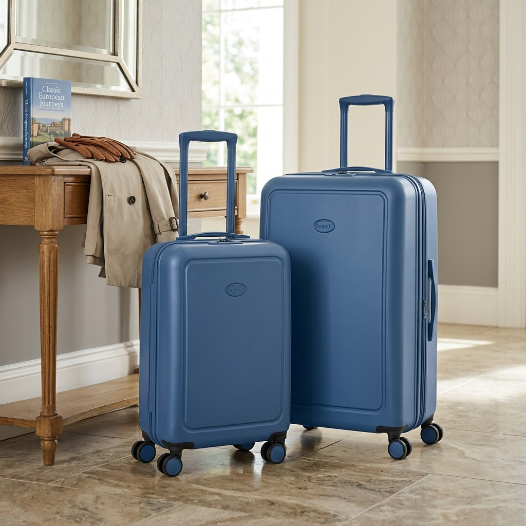 Bugatti The Classic 2-piece blue hardside luggage set standing in a well-lit home entryway.