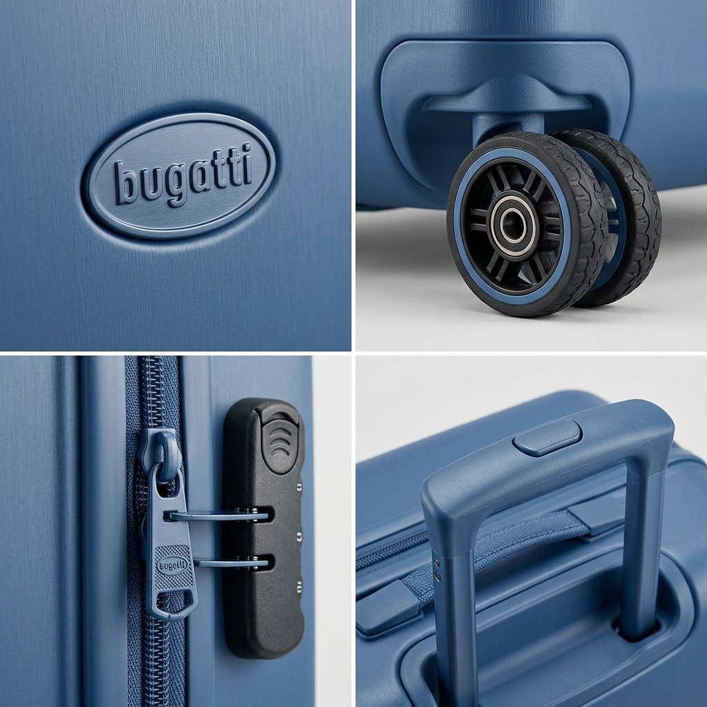 Detailed views of Bugatti blue hardside luggage: logo, 360 spinner wheels, TSA lock, and handle.