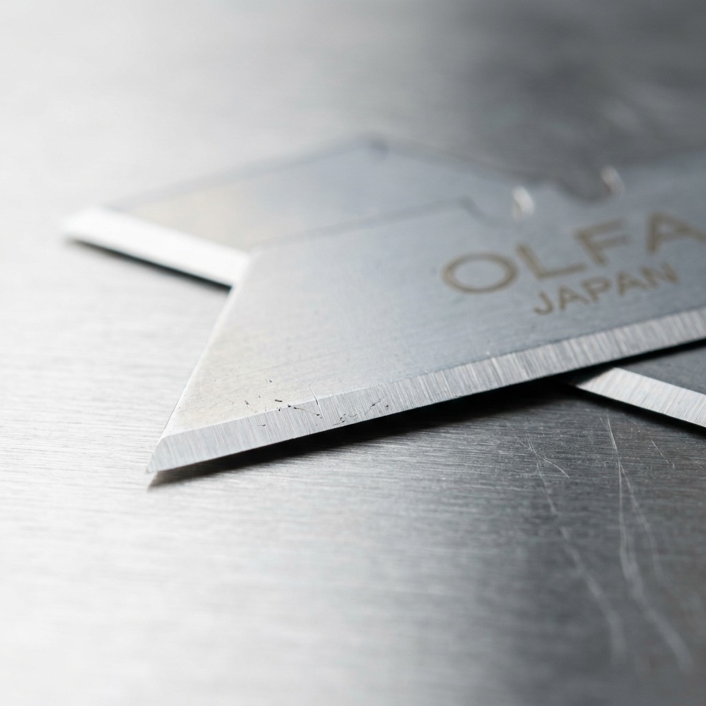 Macro shot focuses on the honed double edge of a single SKB-2 safety blade, with light catching the metal.