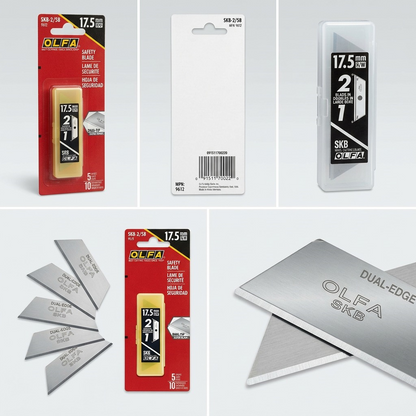 A grid of five images showing the Olfa SKB-2/5B safety blade pack from diverse, useful angles.
