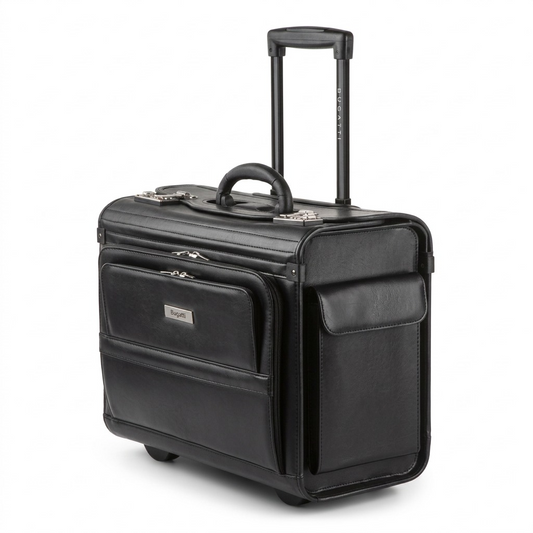 Bugatti Warren black leather rolling business case with retractable handle and dual combo locks.