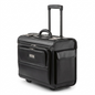 Bugatti Warren black leather rolling business case with retractable handle and dual combo locks.