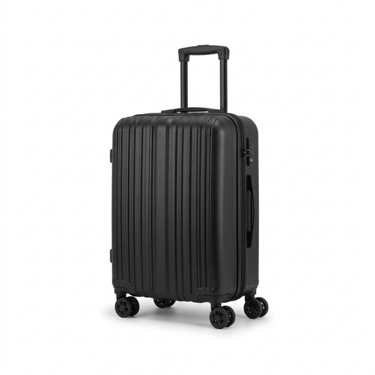 Bugatti Tokyo Carry-on Luggage in black with vertical ridges, 360-degree wheels, and a TSA lock.