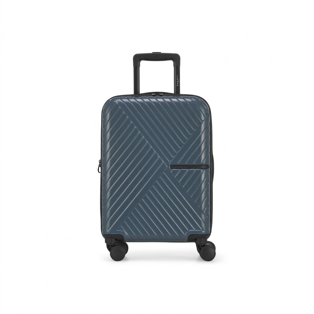 Slate blue Bugatti Berlin carry-on hardside spinner suitcase with geometric ridges and 8 wheels.