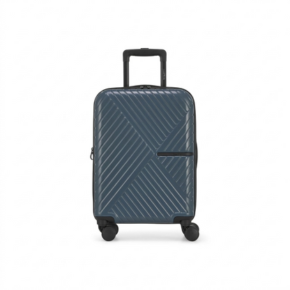 Slate blue Bugatti Berlin carry-on hardside spinner suitcase with geometric ridges and 8 wheels.