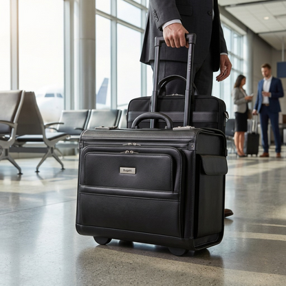 Person in a suit pulling the black Bugatti Warren Rolling Business Case through a bright airport terminal.