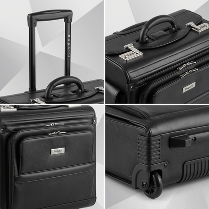 Four-panel grid showing the telescopic handle, combination locks, front pockets, and wheels of the Bugatti Warren Rolling Business Case.