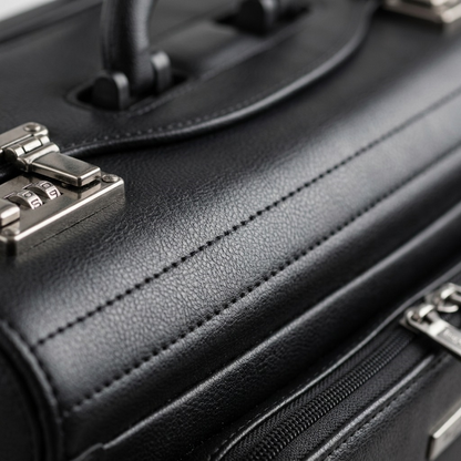 Macro detail of the Bugatti Warren Business Case showing black textured material and combo lock.
