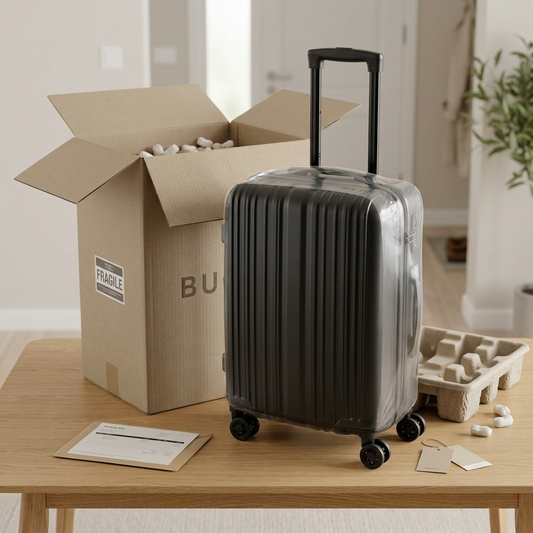 Black Bugatti Tokyo Carry-on Luggage unboxed with protective film and secure shipping materials.