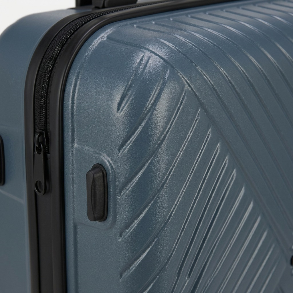 Macro detail of the Bugatti Berlin Carry-On slate blue hardside shell with textured diagonal ridges.