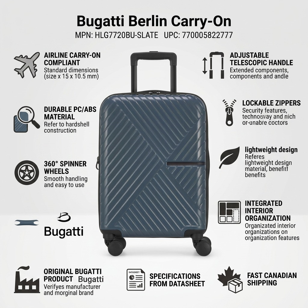 Bugatti Berlin Carry-On infographic highlighting 8-wheel spinners, TSA lock, and hardside durability.