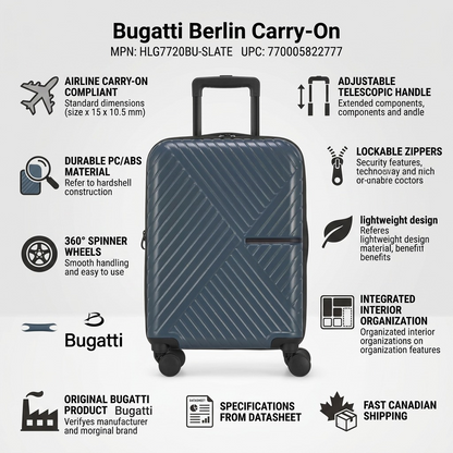 Bugatti Berlin Carry-On infographic highlighting 8-wheel spinners, TSA lock, and hardside durability.