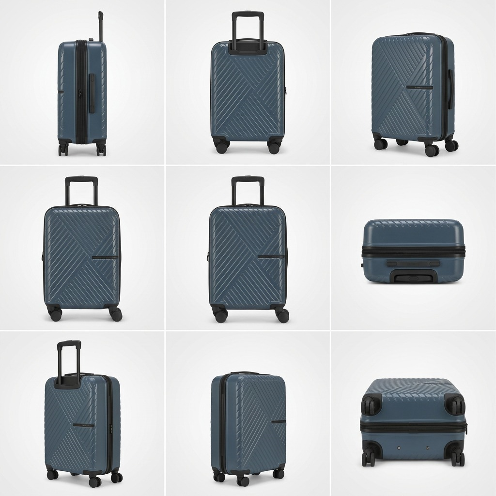 Grid showing the slate blue Bugatti Berlin Carry-On from multiple angles including front, side, and wheels.