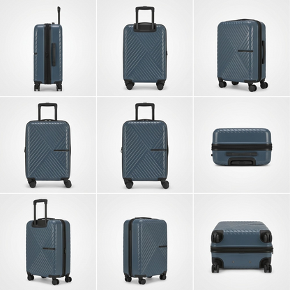 Grid showing the slate blue Bugatti Berlin Carry-On from multiple angles including front, side, and wheels.