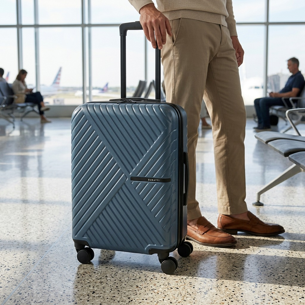 A person standing with a slate blue Bugatti Berlin Carry-On hardside suitcase in an airport terminal.