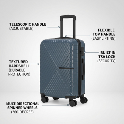 Bugatti Berlin Carry-On suitcase features: adjustable telescopic handle, TSA lock, and spinner wheels.