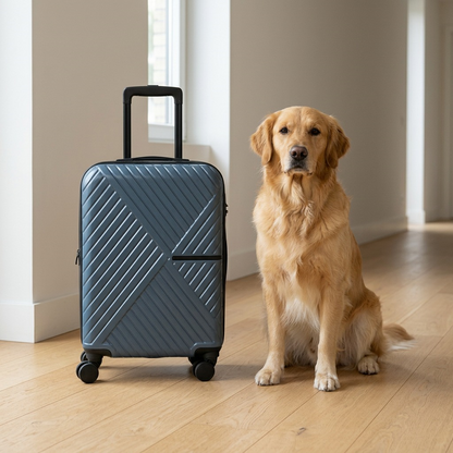Slate grey Bugatti Berlin Carry-On hardside spinner standing beside a Golden Retriever for scale.