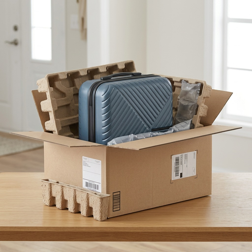 Blue Bugatti Berlin Carry-On suitcase securely packed in a cardboard box with protective inserts.