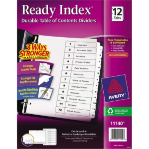 11140 READY INDEX TABLE OF CONTENTS DIVIDERS, 12 TAB, 1 SET,