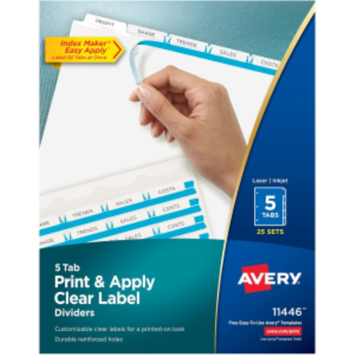 11446 INDEX MAKER CLEAR LABEL DIVIDERS, 5 TAB, 25 SETS, WHIT