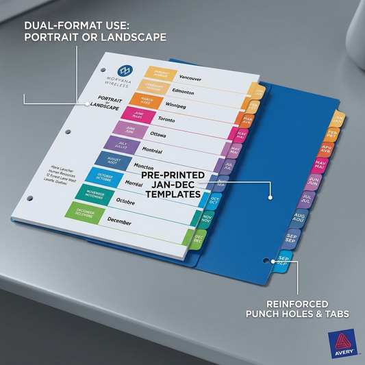 Avery 11127 Jan-Dec dividers showing pre-printed monthly templates and reinforced punch holes.