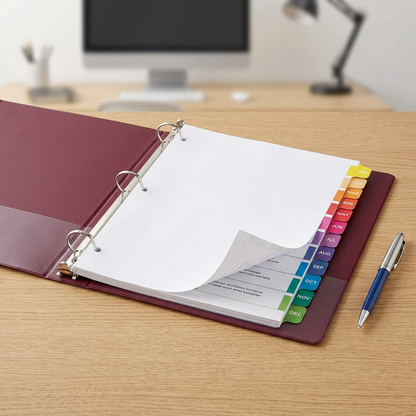 Avery 11127 Jan-Dec dividers with multi-colored tabs organized in a binder on an office desk.