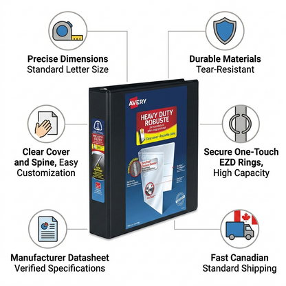 Avery Heavy-Duty 1-inch Binder features chart highlighting Durable Materials, One-Touch EZD Rings, and Fast Canadian Shipping.