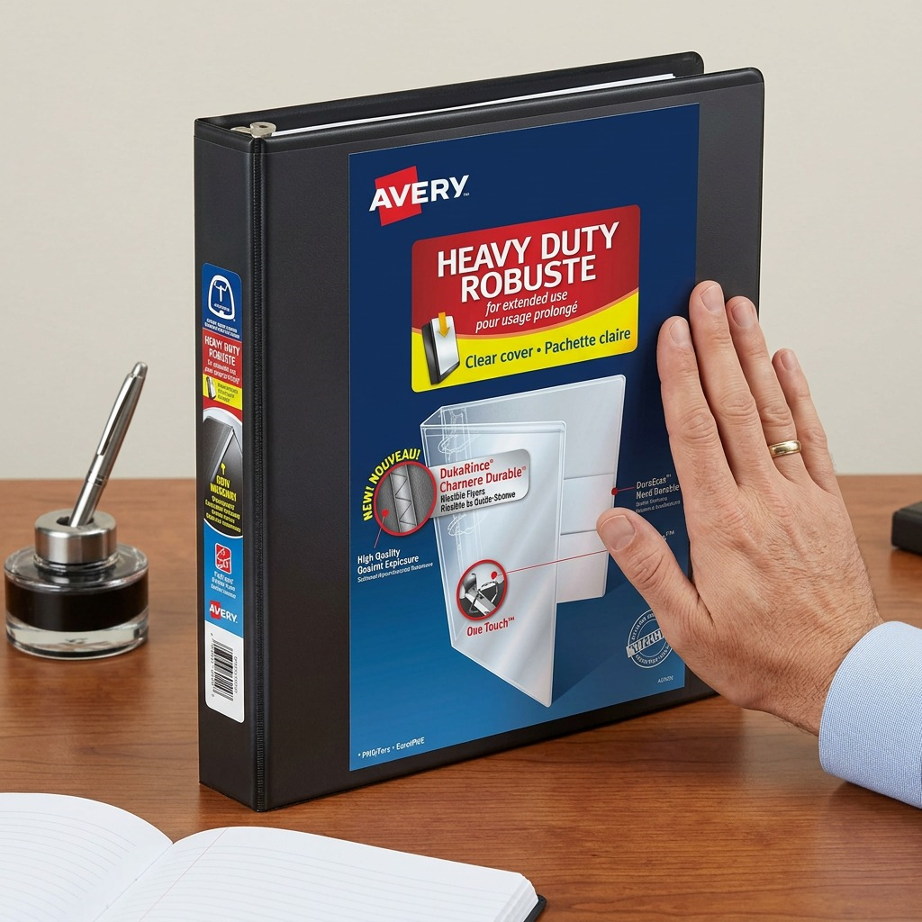 A person's hand resting on an Avery 89002 Heavy-Duty 1 inch black binder to show scale on a desk.