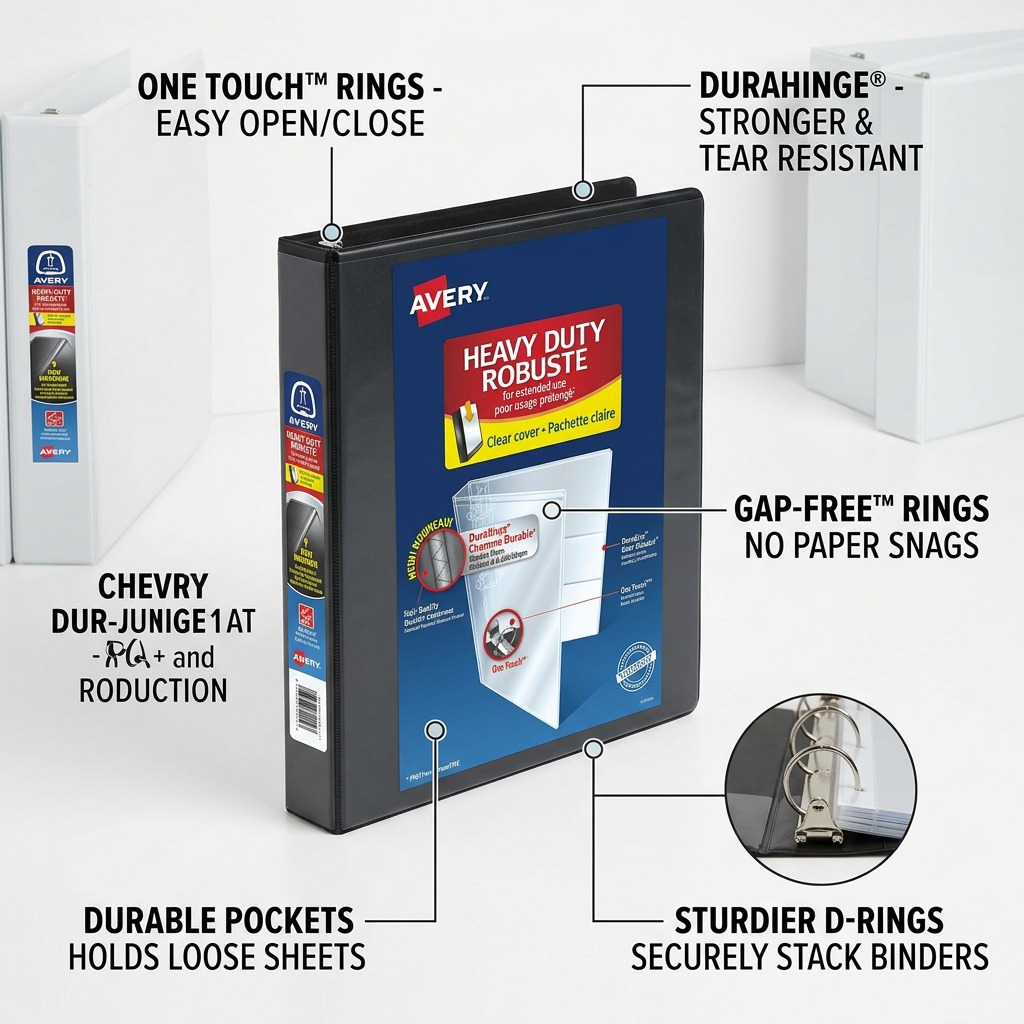 Avery Heavy-Duty 1-inch binder with callouts for DuraHinge, One Touch rings, and durable pockets.