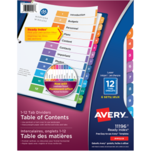 READY INDEX TABLE OF CONTENTS DIVIDERS, 12 TAB, 6 SETS