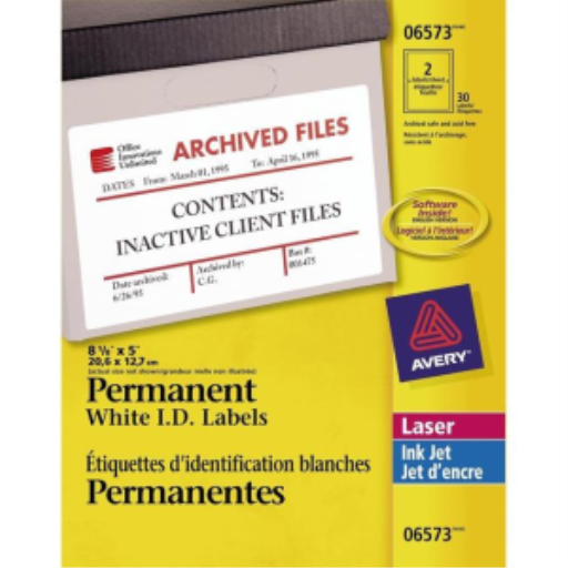 6573 I.D. LABELS, 8 1/8" X 5", PERMANENT, 15 SHEETS/ENV., 30