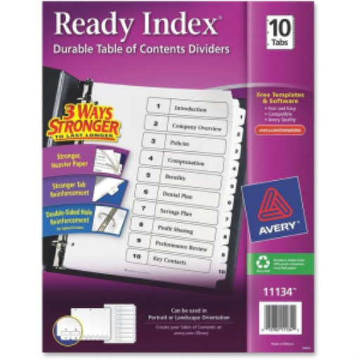 11134 READY INDEX TABLE OF CONTENTS DIVIDERS, 10 TAB, 1 SET,