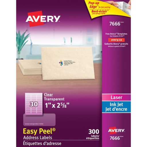 CLEAR EASY PEEL, 2 5/8" X 1", PERMANENT, 10 SHEETS/ENV.