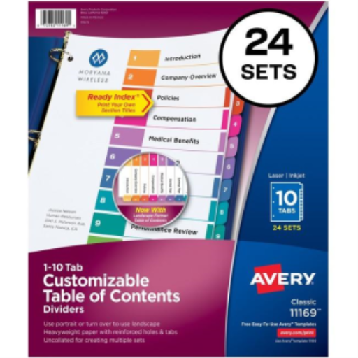 11169 READY INDEX TABLE OF CONTENTS DIVIDERS, 10 TAB, 25 SET