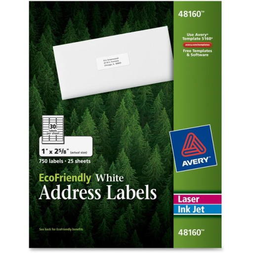 48160 ECO WHITE MAILING LABEL, PERMANENT, 1" X 2 5/8", 25 SH