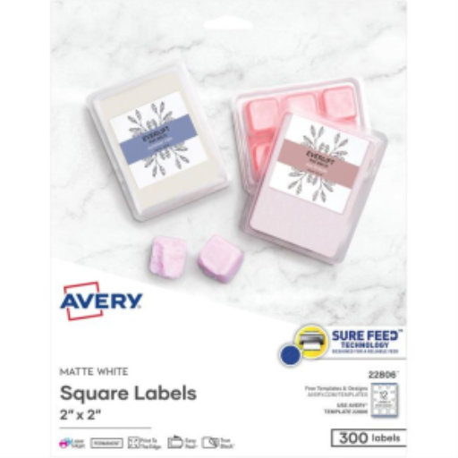 22806 PRINTTOTHEEDGE SQUARE LABELS, 2" X 2" , 25 SHTS/ENV