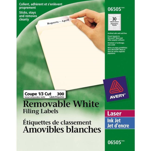 6505 FILING LABELS, 37/16" X 2/3", REMOVABLE, WHITE, 10 SHE