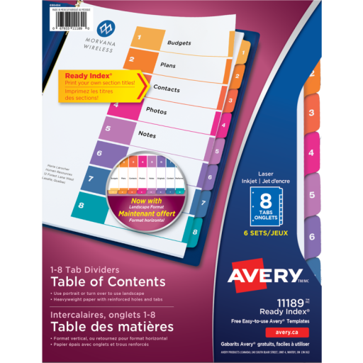 11189 READY INDEX TABLE OF CONTENTS DIVIDERS, 8 TAB, 6 SETS,
