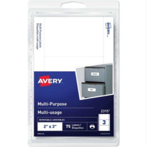 2315 Avery® Multi-Purpose Removable Labels for Laser and Inkjet Printers, 2" x 3"  Removable Matte White Paper / White / Removable